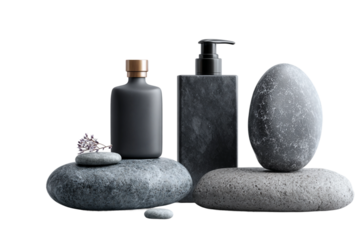 Shampoo pack lying on decorative stone background isolated on transparent background