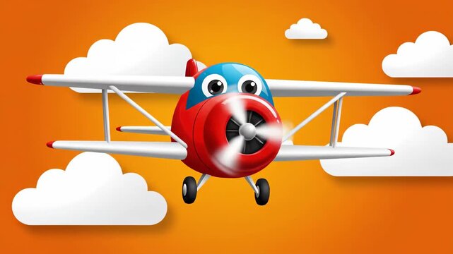 A cartoon airplane with red body and blue head flies directly towards the viewer among white clouds in a vibrant orange sky