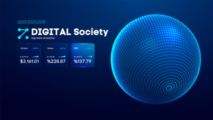 Ai sphere bg with data globe circle and particle network connect. Abstract vector big with dot geometric futuristic and analytics round artificial. Analysis effect ai with web intelligence data.