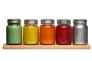 Organized kitchen jars on wooden shelf isolated on transparent background