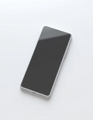 A photorealistic studio shot of a sleek white smartphone (no brand logo) with a glossy screen, placed on a seamless white background, soft diffused light from above, subtle reflection on the case, 8k.