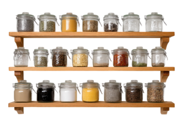 Glass storage jars neatly arranged on kitchen shelf isolated on transparent background