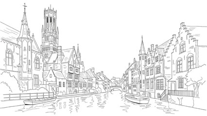 Fototapeta premium A serene canal scene in a historic town with buildings and a church tower