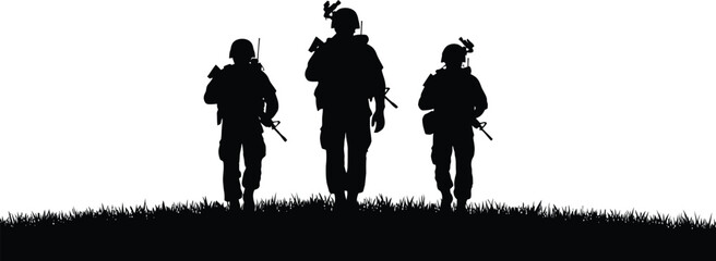 Silhouettes of three soldiers walking on a grassy hill against a bright white background, carrying rifles and wearing helmets. AI Generative