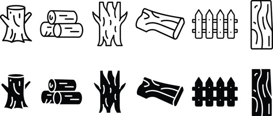 Wooden Timber Logs Tree Stumps Fences And Planks For Carpentry Industry And Nature Construction Projects Vector Silhouette and Pictogram Icon Set.eps © Kanon Islam