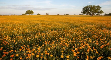 Vast field of orange wildflowers under a pale blue sky.
