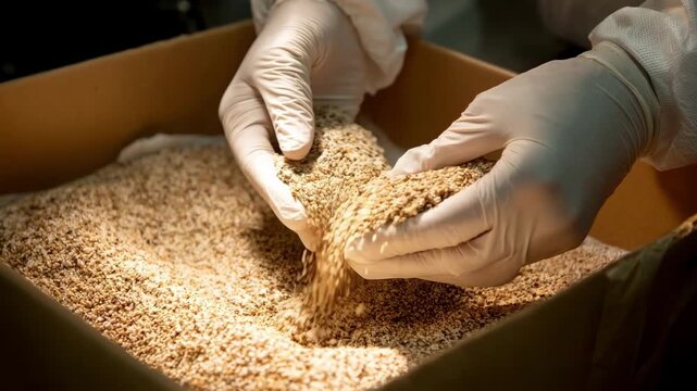 Closeup of hands mixing grain spawn substrate in a sterile container for mushroom cultivation under controlled lighting conditions