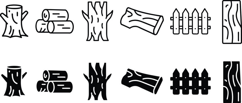 Wooden Timber Logs Tree Stumps Fences And Planks For Carpentry Industry And Nature Construction Projects Vector Silhouette and Pictogram Icon Set.eps