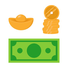 Set of Chinese New Year elements with banknotes, gold coins, and sycee (yuanbao, Chinese gold ingots) isolated on white background.Wealth symbol.Money clipart collection for Lunar New Year.