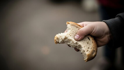 Young hand grasping a simple piece of bread, highlighting the profound importance of food