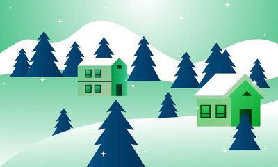 Naklejka premium Stylized winter village scene with cozy houses and pine trees on snowy hills under a starry night sky, evoking serene seasonal charm and holiday tranquility