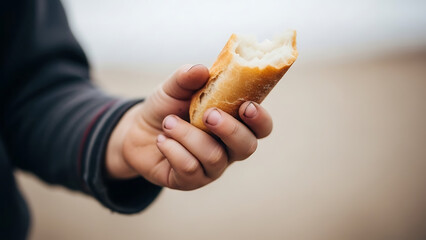 Close-up of a person's hand holding a piece of bread