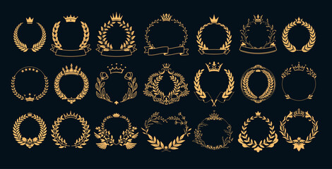 Crown with wreath emblem. Award badge, champion prize icon with and laurel wreath. Gold achievement logo with premium ribbon for winner and trophy with honor and victory. Ceremony label vector set © WinWin