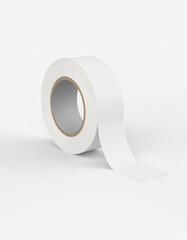 Photorealistic rendering of a roll of white painter&rsquo;s tape (white edge, gray backing) partially unrolled on a white background, soft diffuse light to show the tape texture, 5k.