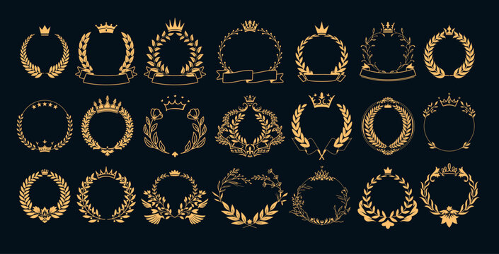 Crown with wreath emblem. Award badge, champion prize icon with and laurel wreath. Gold achievement logo with premium ribbon for winner and trophy with honor and victory. Ceremony label vector set