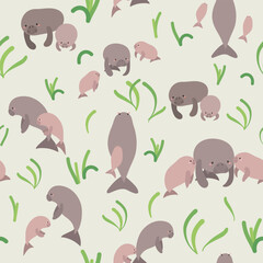 Pattern seamless hand drawn Manatee or sea caw family. Nautical underwater endangered mammal species