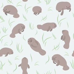 Hand drawn nautical underwater with Manatee endangered mammal species cartoon seamless pattern