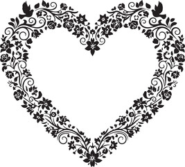 Ornate black heart shape frame with floral and bird motifs
