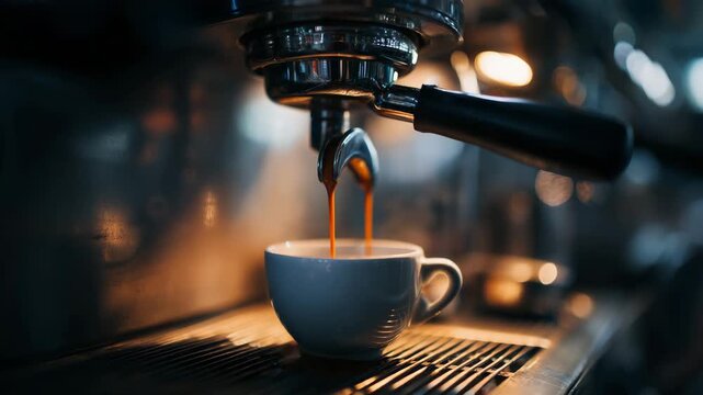 Fresh coffee pouring from coffee machine into white cup close up warm cafe lighting coffee brewing process barista beverage concept