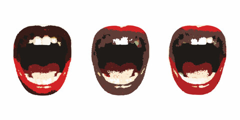 Fototapeta premium Three open mouths depicted in a graphic illustrative style with dark interiors