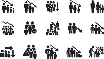 Population decline icon set showing demographic decrease, aging society, migration loss symbols in bold vector style.