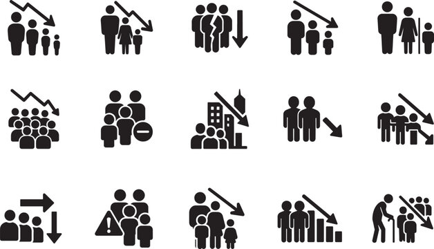 Population decline icon set showing demographic decrease, aging society, migration loss symbols in bold vector style.