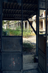 Facade of abandoned hospital building