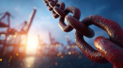 Naklejka premium Rusty chain in industrial harbor at sunset with cranes