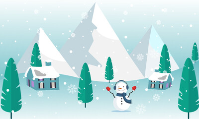 Whimsical winter wonderland illustration of a charming snowman in a snowy village, surrounded by majestic mountains and evergreen trees, ideal for festive season designs