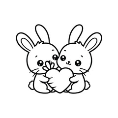 Fototapeta premium Two sweet rabbits pressing their cheeks together while holding a heart-shaped root vegetable, perfect for Easter or Valentine's designs.