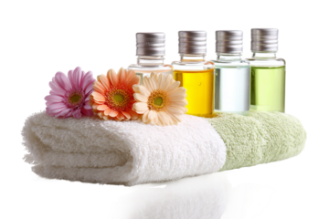 Spa skincare bottle with towel flower decoration isolated on transparent background