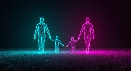 Neon glowing family of four walking together in a grassy field at night with vibrant pink and blue light, technology and innovation concept with a futuristic feel