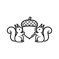 Two cute squirrels holding a giant acorn nut together representing teamwork, harvest, nature, and preparation for winter. © Pollob