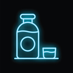 Obraz premium Bright blue neon sign showing a bottle with liquid in it and a glass on a black background