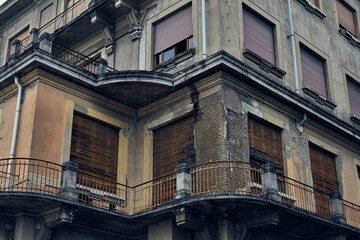 Facade of abandoned hospital building