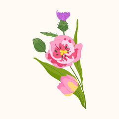 Tulip flowers vector illustration with elegant blossoms and fresh spring mood. Botanical artwork for floral design, greeting cards, packaging, textiles, stationery, modern decorative projects.