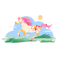 Vector illustration of a joyful running horse for children&rsquo;s book, greeting card, poster, design projects. Bright and cheerful style conveys motion, energy, and happiness
