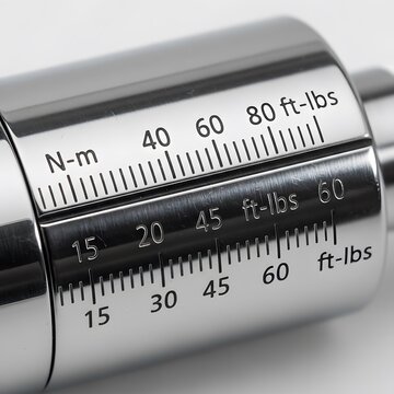 Close-up detail of a professional torque wrench scale, displaying precise measurements in Newton-meters (N-m) and foot-pounds (ft-lbs) units for automotive and industrial applications.