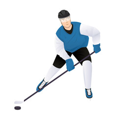 Ice hockey player shooting a puck. Cartoon character of athlete man

