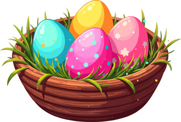 Bright easter eggs in nest illustration isolated on white background, festive spring clipart