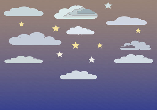 Dreamy sky with clouds and small stars illustration.