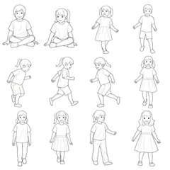 Diverse group of happy children, boys and girls, in various poses and activities, black and white line drawing illustration
