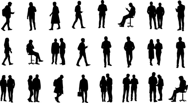 Diverse group of people in silhouette diverse activities and poses, walking, sitting, standing, talking, business casual clothing, vector illustration