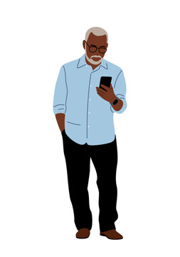 An older Black man with gray hair and beard standing and using a smartphone. Flat vector illustration isolated on transparent background. Modern lifestyle and technology concept.