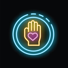 Obraz premium Neon sign of an open hand with a pink heart in the middle, representing kindness, support, and love