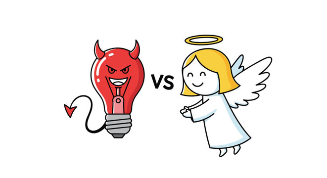 Angel versus a devil lightbulb concept illustrating the eternal conflict between good and evil, morality, and difficult choices.