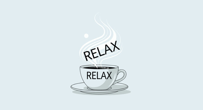 Steaming cup of coffee or tea with the word relax on the mug and in the steam, representing a calming and peaceful break time.