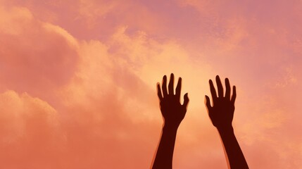 Two hands reaching upwards in silhouette against a vibrant sky with pink, orange, and blue clouds,