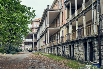 Facade of abandoned hospital building