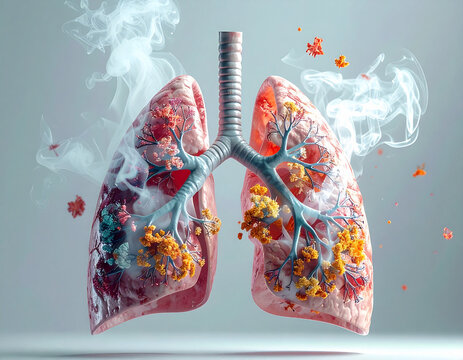 Diseased human lungs with smoke and virus particles floating respiratory system illness - Powered by Adobe